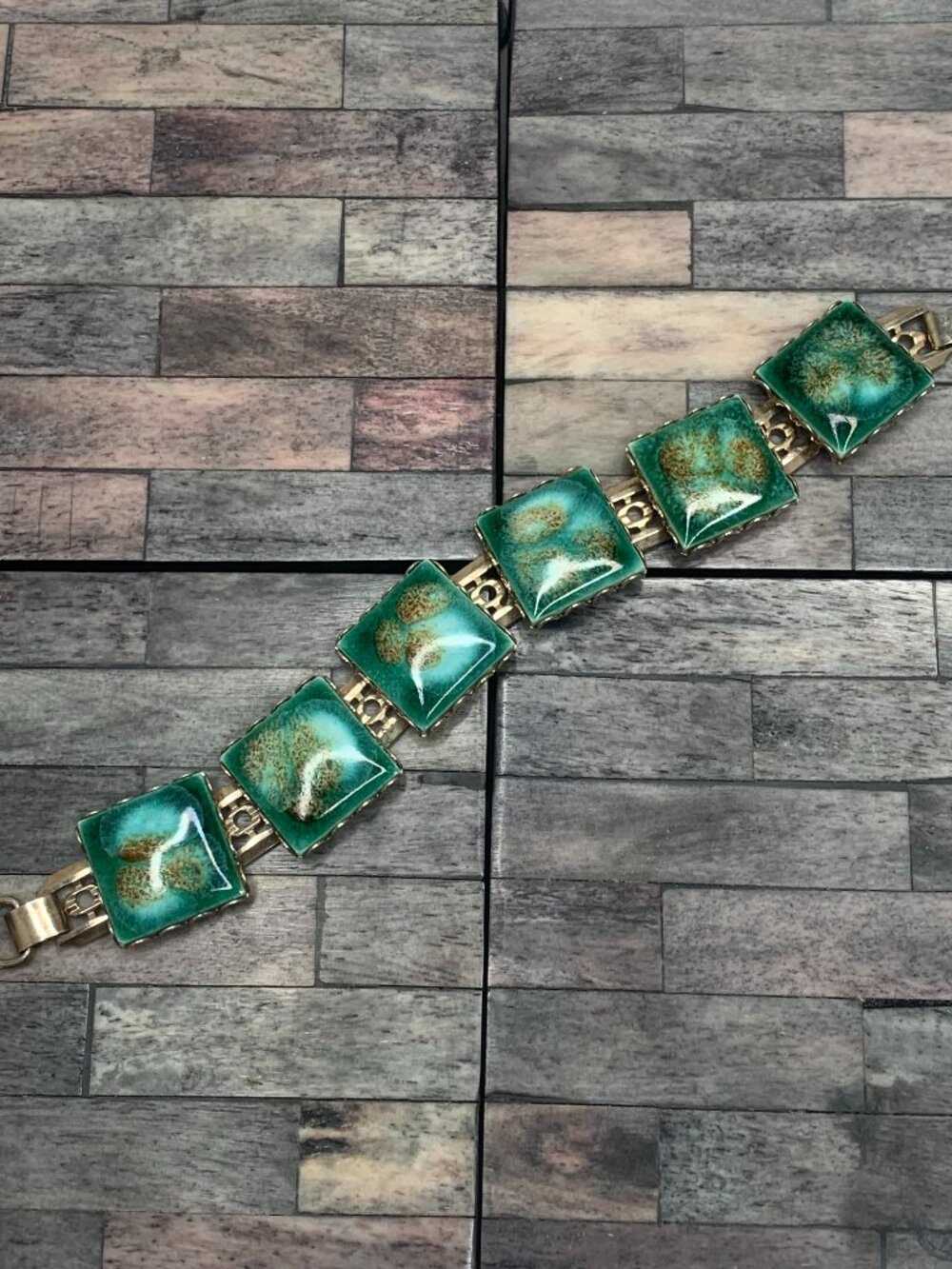 Vintage Green & Drown Glazed Square Ceramic Tile Bracelet